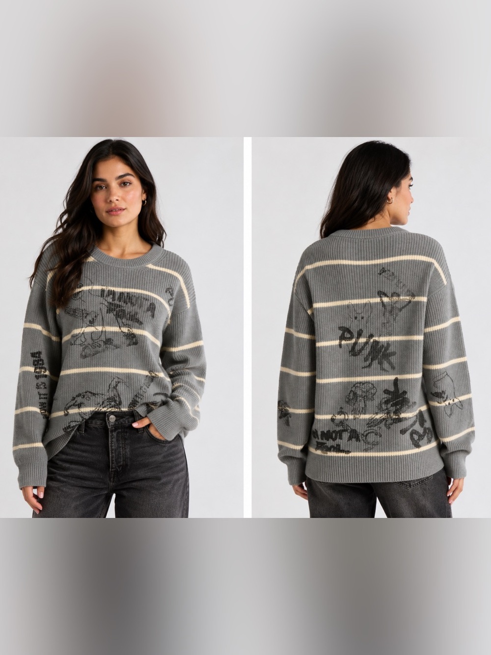 NWT R13 Striped Boyfriend Sweater in Heather Gray With Graphics Sz S